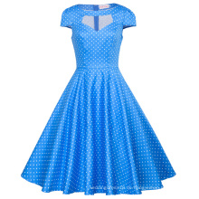 Belle Poque Frauen Hollowed Kurzarm Blaues Kleid Kleine White Dot Retro Vintage Baumwollkleid BP000008-12
